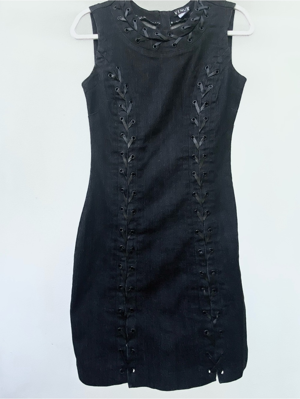 Y2K Black Denim Faux Leather Lace Up Sheath Dress Size 4